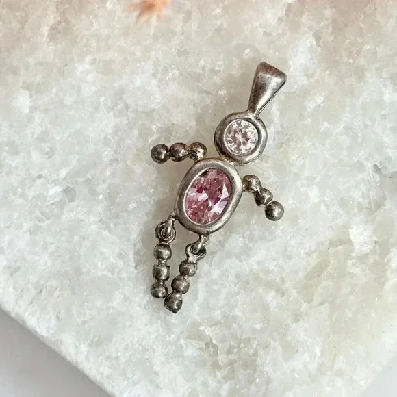 90's Sterling Vintage Tiny Dainty Pink October Birthstone Tourmaline Pendant - Picture 1 of 9